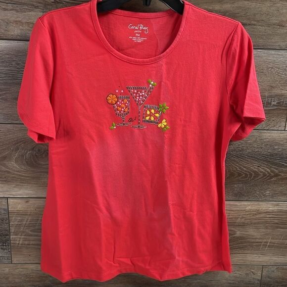 Coral Bay Petite Ladies Top, Size Petite Medium, Beaded Cocktails Design,Orange - Picture 2 of 5